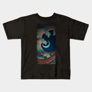 Japanese giant wave goes over the moon Kids T-Shirt